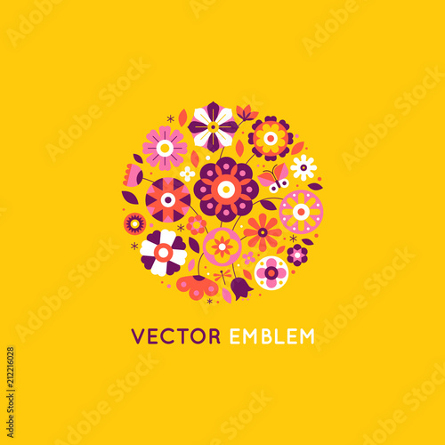 Vector illustration in simple flat geometric and linear style in bright colors - decorative flowers and leaves in circle shape