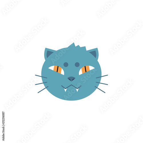 Domestic cat head with gray fur and toothy smile in flat style isolated on white background. House animal symbol - cute fluffy pet with orange eyes in vector illustration.