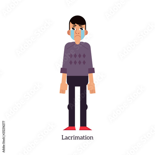 Young man with increased lacrimation - symptom of disease or allergy isolated on white background. Sick male cartoon character with tearing eyes in flat vector illustration.
