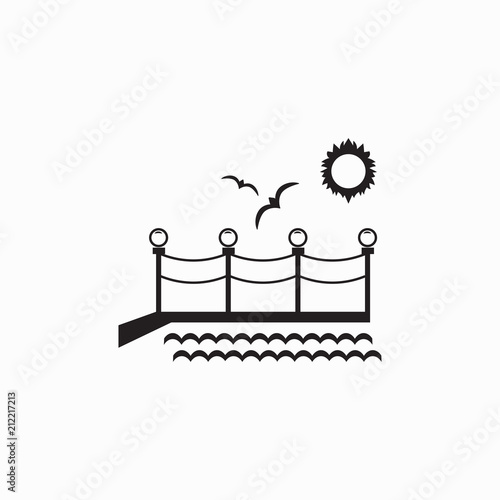 Sea pier with seagulls and sun vector icon. Summer travel logo silhouette vector illustration. Wooden pierlogo for travel agency