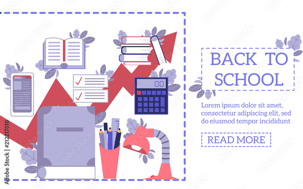 Back to school concept with education supplies and tools on web page template in flat style. Isolated vector illustration of chancery items and accessories for studying process.