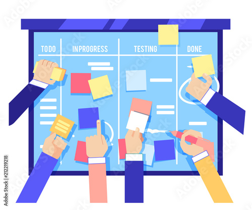 Scrum board concept with human hands sticking colorful papers and writing tasks on blue board isolated on white background. Agile methodology to manage business project in flat vector illustration.