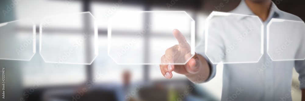 Man pretending to touch an invisible screen against white - obrazy, fototapety, plakaty 