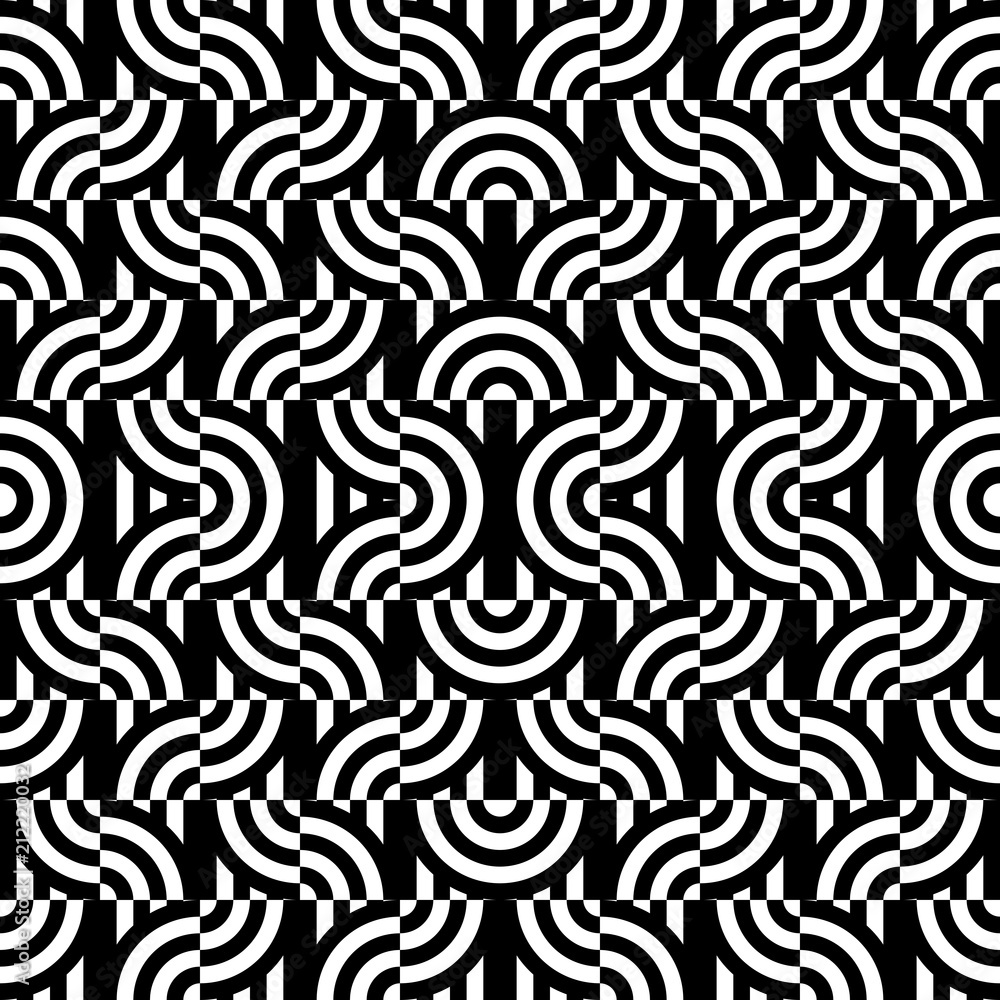 Seamless pattern with circles and striped black white straight lines. Optical illusion effect. Geometric tile in op art style. Vector illusive background for cloth, textile, print, web.