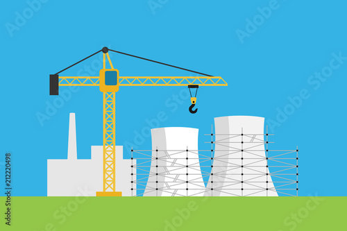 New nuclear power plant and powerhouse is build on the green grass. Atomic energetics and production of energy. Vector illustration