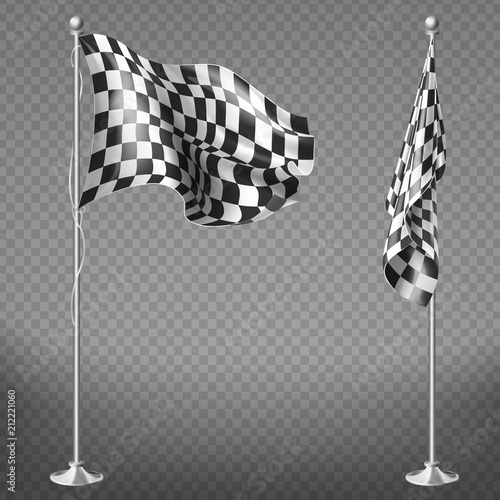Vector realistic set of two racing flags on steel poles isolated on transparent background. Checkered waving canvas to check start or finish of car races, rally. Mockup for your design