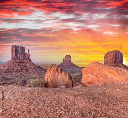 Monument Valley after sunset, long exposure of West and East Mitten Buttes