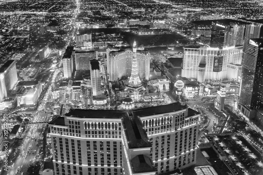 Las Vegas Strip Casinos at night from the helicopter. Night lights of Nevada, USA