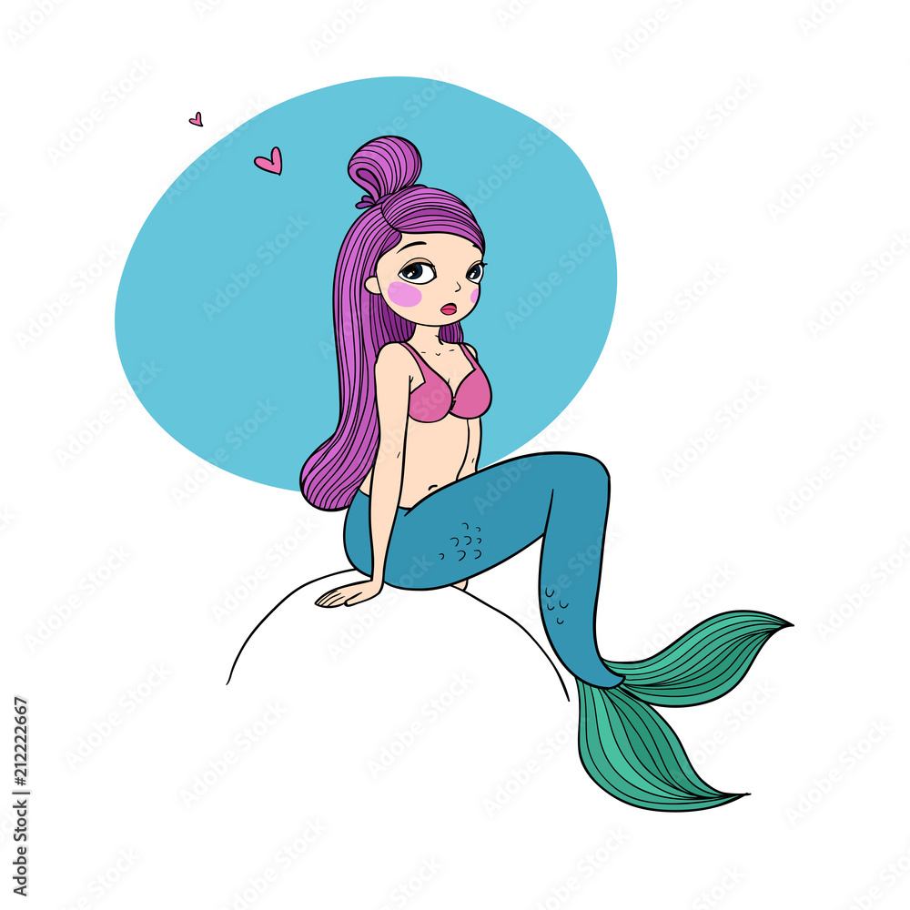 Cute cartoon little mermaid. Siren. Sea theme.