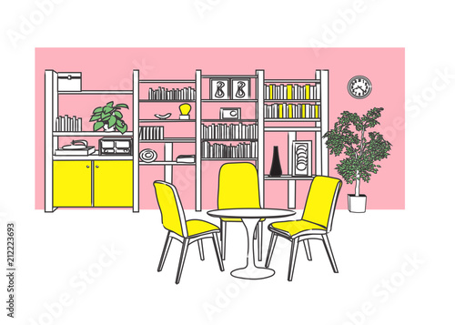 interior design vector illustration. hand drawn furniture. pop art style living room illustration. 