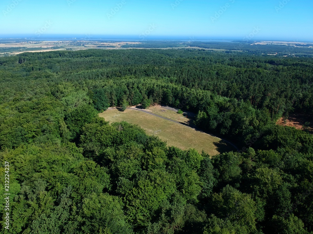 Old hidden football stadium in the forest, aerial view Old hidden football stadium in the forest, aerial view