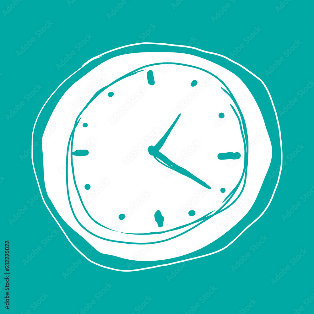 Vector drawing of a white melting clock on turquoise background, surrealist concept, Dali style