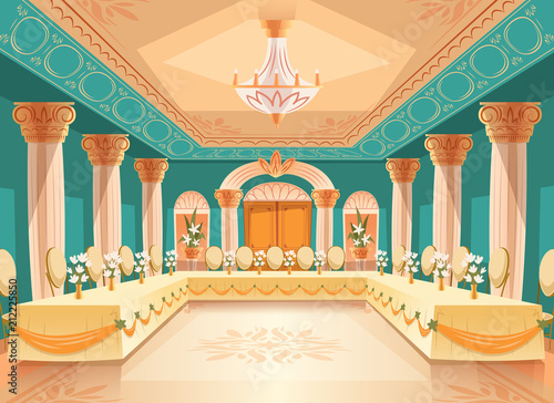 Vector hall for banquet, wedding. Interior of ballroom with tables, chairs for feast, celebration or royal reception. Big room with chandelier, columns, pillars in luxury medieval palace