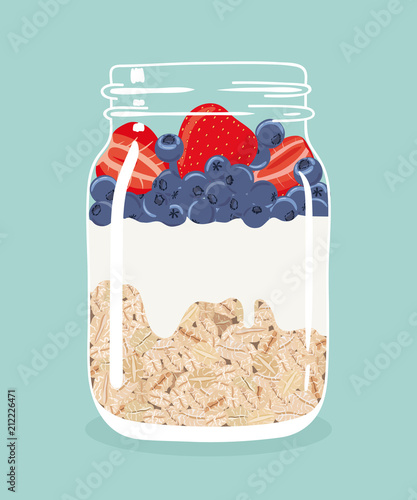 Overnight oats with fresh strawberries, blueberries and yogurt in glass vintage mason jar. Healthy natural delicious breakfast. Portion of oats with berries in a jar. Vector hand drawn illustration.
