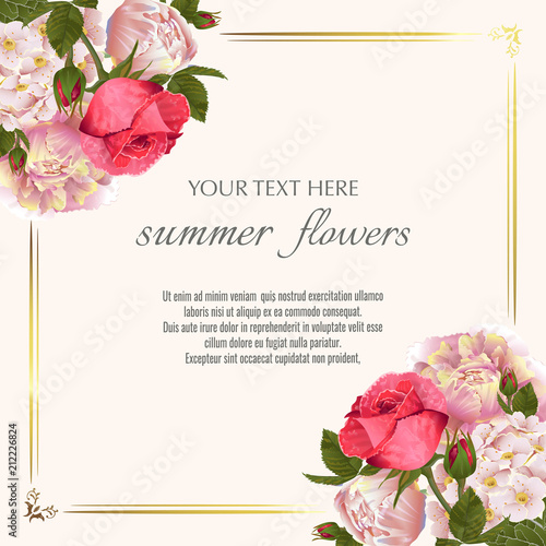 Template for greeting cards, wedding decorations, invitation, sales. Vector banner with peony, roses flowers. Spring or summer design.