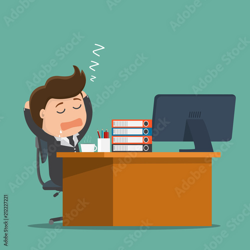 Businessman falls asleep at his desk. Vector illustration.