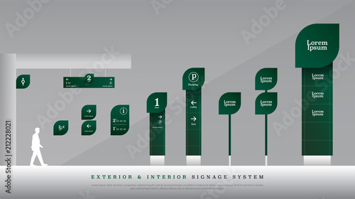 exterior and interior signage. directional, pole, and traffic signage system design template set. empty space for logo, text green color corporate identity