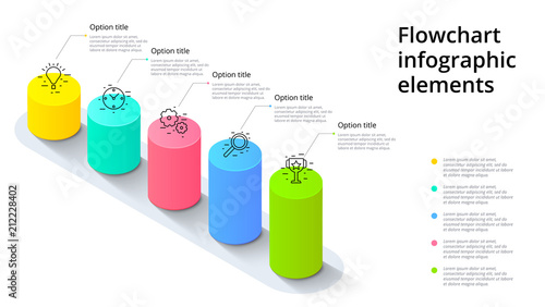 Business process chart infographics with 5 step segments. Cylindric 3d corporate timeline infograph elements. Company presentation slide template. Modern vector info graphic layout design.