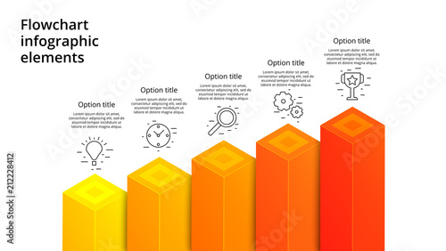 Business process chart infographics with 5 step segments. Square 3d corporate timeline infograph elements. Company presentation slide template. Modern vector info graphic layout design.