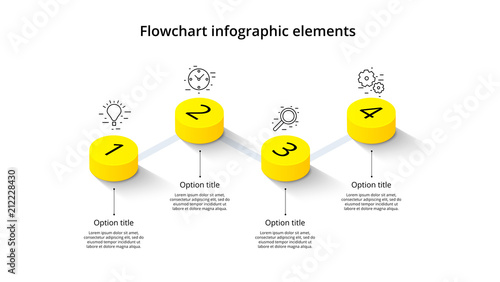 Business process chart infographics with 4 step segments. Isometric 3d corporate timeline infograph elements. Company presentation slide template. Modern vector info graphic layout design.