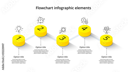 Business process chart infographics with 5 step segments. Isometric 3d corporate timeline infograph elements. Company presentation slide template. Modern vector info graphic layout design. photo