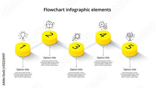 Business process chart infographics with 5 step segments. Isometric 3d corporate timeline infograph elements. Company presentation slide template. Modern vector info graphic layout design.