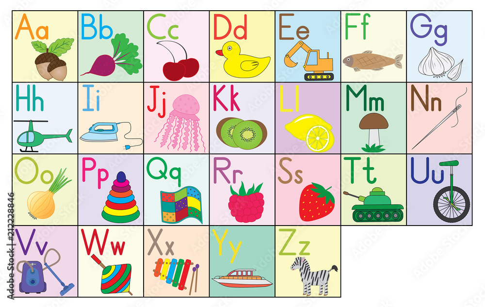 English alphabet, cards, set. Education for kids. Vector illustration.