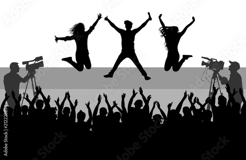Singer with backup dancing on scene. Cheerful crowd of people. Silhouette  vector