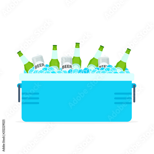 Open cooler box with beer bottles