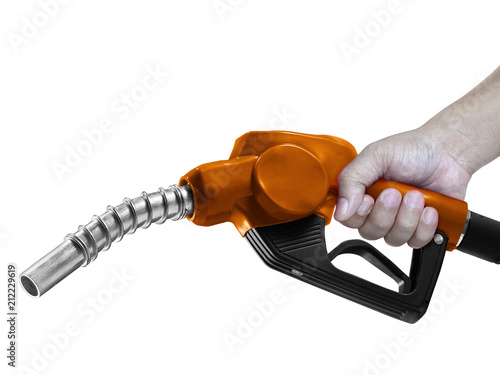Hands holding Fuel orange nozzle with hose isolated on white background