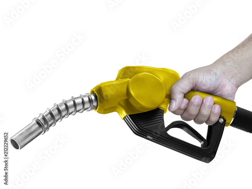 Hands holding Fuel yellow nozzle with hose isolated on white background