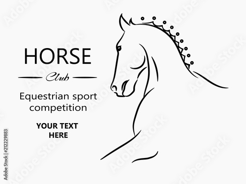 Horse head graphic logo template, vector illustration on white background. Stylish horse head outline for stable, farm, club race design. Running stallion for equestrian sport competition.