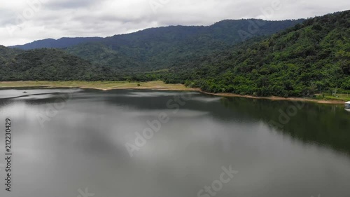 4K Drone shot aerial view scenic landscape of reservoir dam at the countryside photo