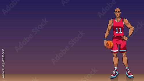 Basketball Player Background / Cartoon background with basketball player on basketball court, and copy space for your text.