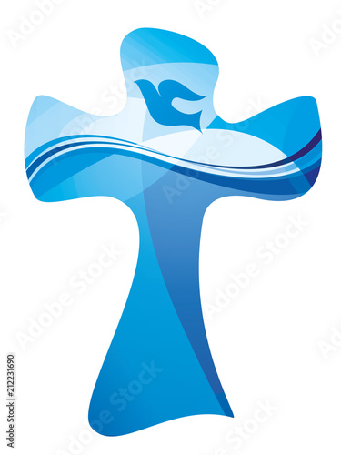 Christian cross baptism symbol with dove and water waves. Multiple exposure on a blue background