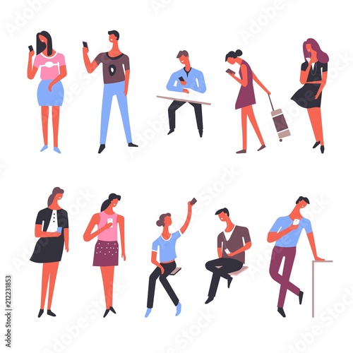 People with smart phone gadgets vector icons