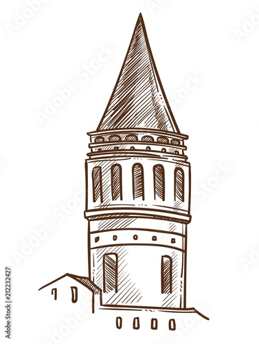 Tower traditional architectural style monochrome sketch vector illustration