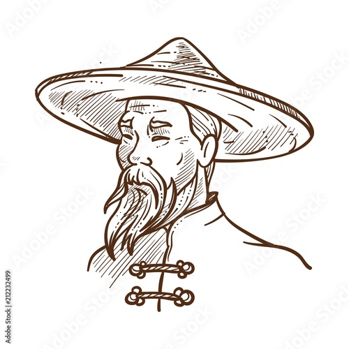 Chinese man wearing traditional clothes monochrome sketch vector illustration