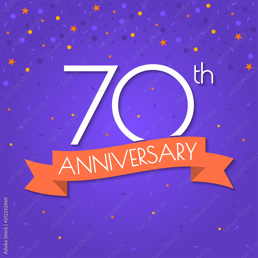 70 years anniversary logo isolated on confetti background. 70th anniversary banner with ribbon. Birthday, celebration, party, invitation card design element. Vector illustration. 70 years anniversary logo isolated on confetti background. 70th anniversary banner with ribbon. Birthday, celebration, party, invitation card design element. Vector illustration.