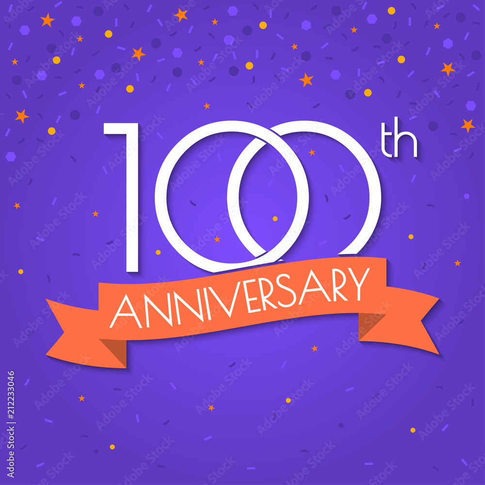 100 years anniversary logo isolated on confetti background. 100th anniversary banner with ribbon. Birthday, celebration, party, invitation card design element. Vector illustration.