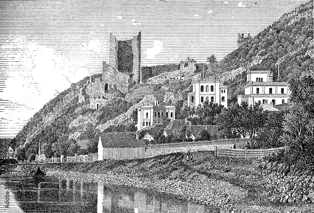 Vintage engraving of Visegrad, small town in Hungary on the Danube river with the old castle ruins