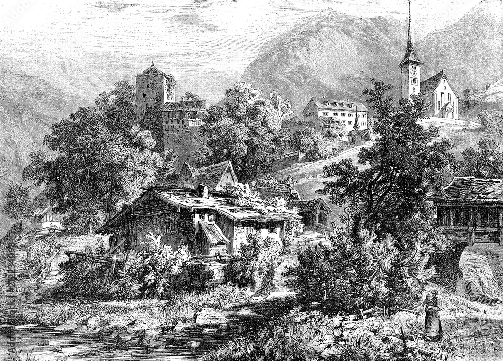 © acrogame - Vintage engraved view of Buerglen in the canton of Uri in Switzerland, legendary home of William Tell with the church high on the hill and the Meierturm of XIII century © acrogame - Vintage engraved view of Buerglen in the canton of Uri in Switzerland, legendary home of William Tell with the church high on the hill and the Meierturm of XIII century