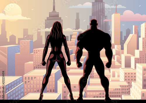 Superhero couple watching over the city during the day.