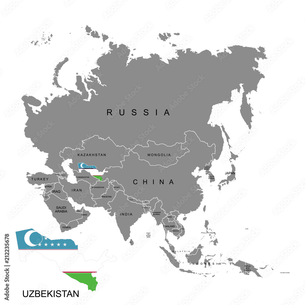 Fototapeta Terytorium Uzbekistanu na kontynencie azjatyckim. Flaga Uzbekistanu. Ilustracji wektorowych