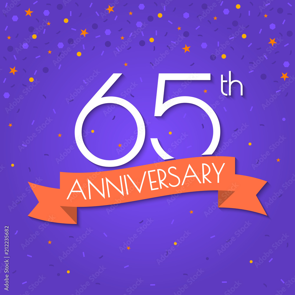 65 years anniversary logo isolated on confetti background. 65th anniversary banner with ribbon. Birthday, celebration, party, invitation card design element. Vector illustration.