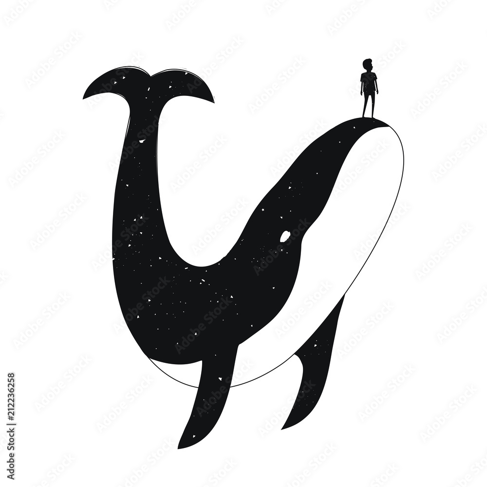 Fototapeta premium Ilustracja wektorowa czarno-biały z sylwetka duży wieloryb i mały młody człowiek