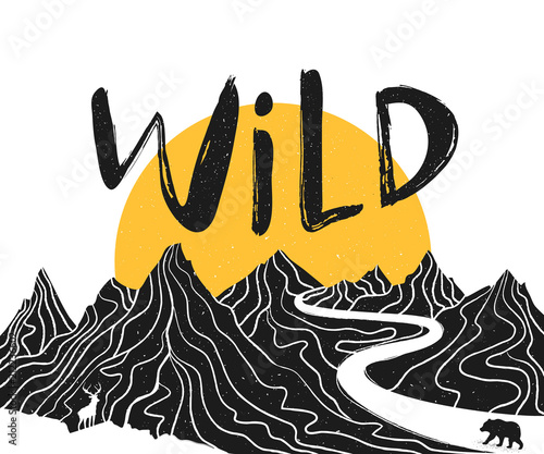 Vector poster with mountain landscape, deer, bear and lettering word - WILD