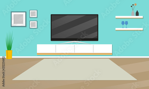 Living room interior with modern furniture: TV, shelves, flowerpot pictures on the wall, carpet. Vector illustration.