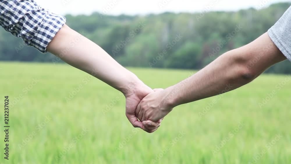 A couple of gay men walking on a green wheat field holding hands A couple of gay men walking on a green wheat field holding hands