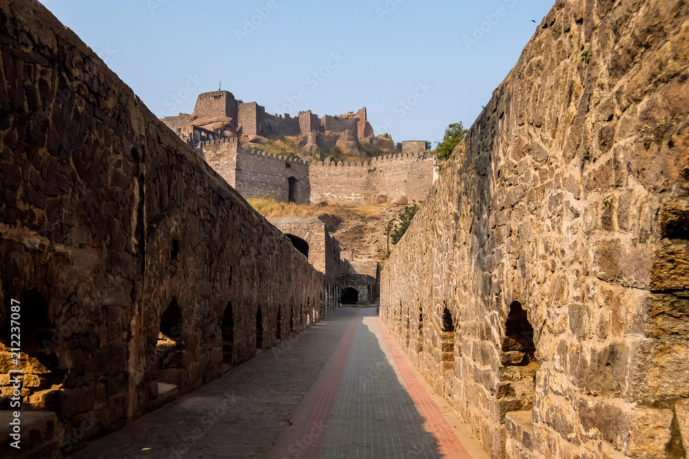 Hyderabad, India. Golkonda is a citadel and fort in Southern India and was the capital of the medieval sultanate of the Qutb Shahi dynasty, is situated 11 km west of Hyderabad.